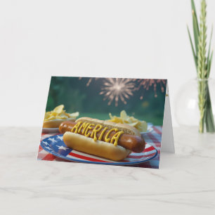 Tarjeta Perro caliente y fuegos artificiales del 4 de juli
