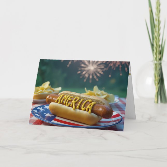 Tarjeta Perro caliente y fuegos artificiales del 4 de juli (Anverso)