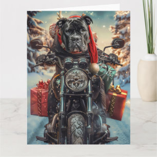 Tarjeta Perro Cane Corso montando motocicleta Navidad 