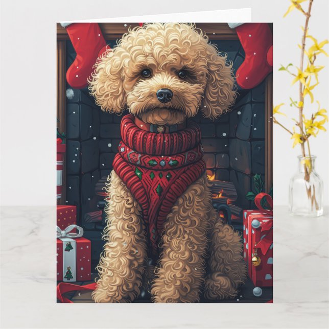 Tarjeta Perro Caniche Con Chimenea De Regalos De Navidad (flor amarilla)