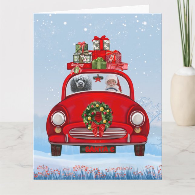 Tarjeta Perro Caniche en Coche con Santa Claus (Anverso)