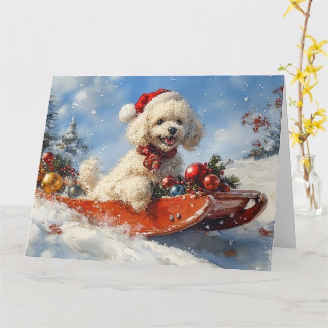 Tarjeta Perro Caniche en Trineo Deja que Nieve Navidad (flor amarilla)