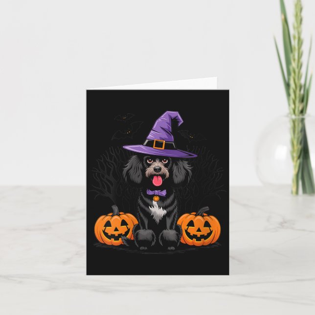 Tarjeta Perro Caniche Estándar Negro Embrujado de Hallowee (Anverso)