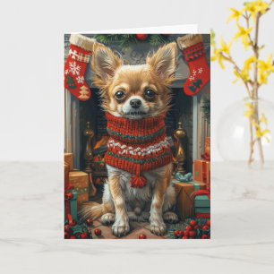 Tarjeta Perro Chihuahua con regalos de Navidad Chimenea