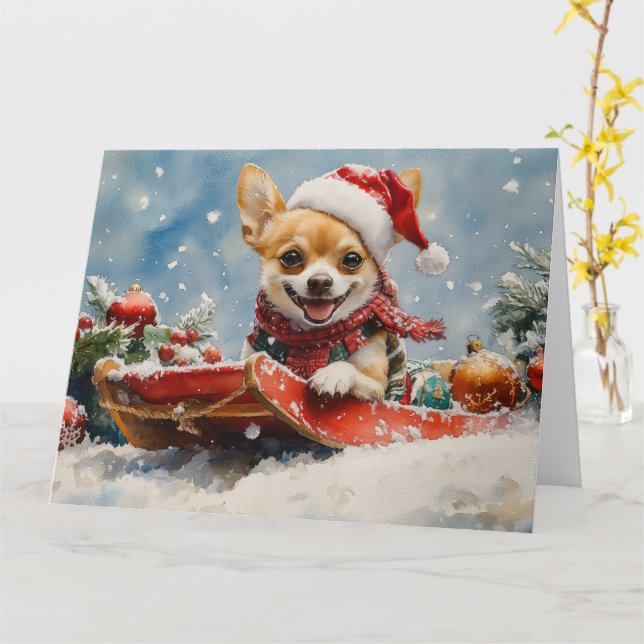 Tarjeta Perro Chihuahua en escurrimiento deja que nieve Na (flor amarilla)