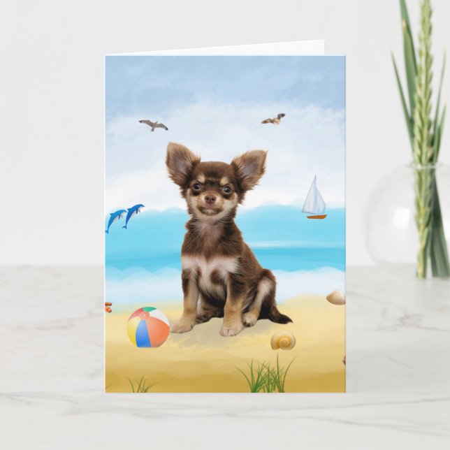 Tarjeta perro chihuahua en la playa (Anverso)