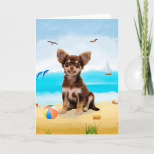 Tarjeta perro chihuahua en la playa