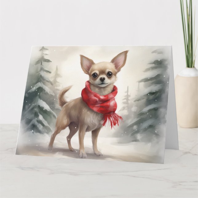 Tarjeta Perro chihuahua en Navidades de nieve (Anverso)