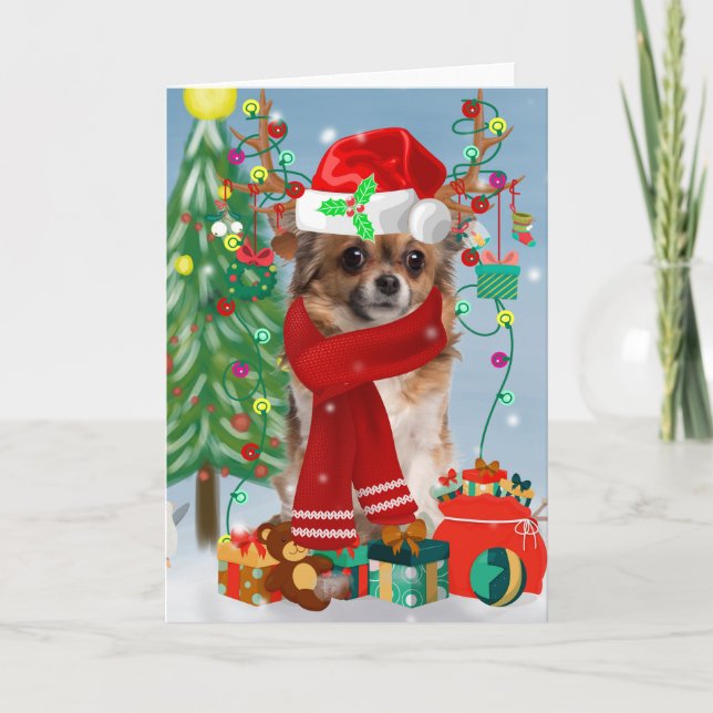 Tarjeta Perro Chihuahua en nieve con regalos de Navidades (Anverso)