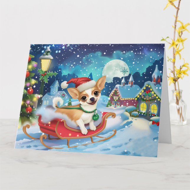 Tarjeta Perro Chihuahua en Trineo Nieve Navidad (flor amarilla)