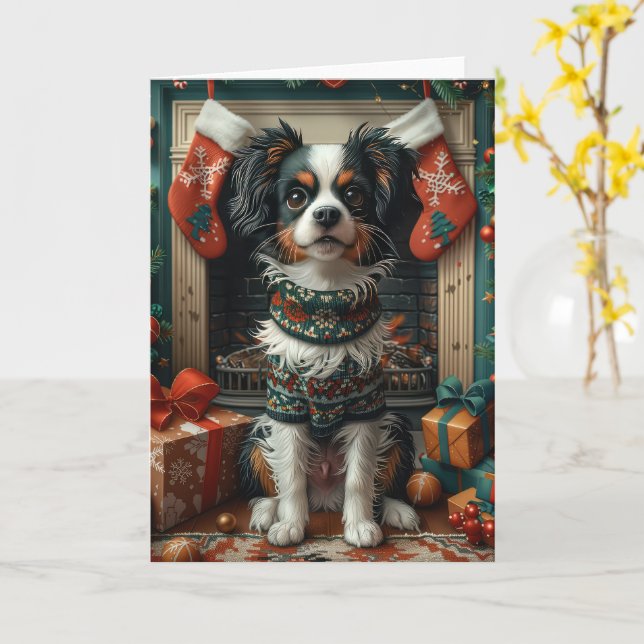Tarjeta Perro Chin Japonés con regalos de Navidad junto a  (flor amarilla)