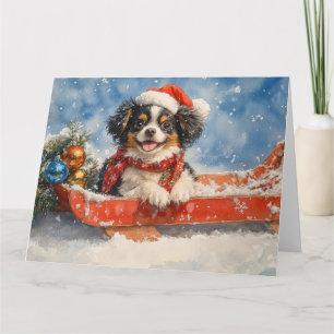 Tarjeta Perro Chin Japonés en Trineo Deja que Nieve Navida