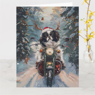 Tarjeta Perro Chin Japonés Montando Motocicleta Navidad