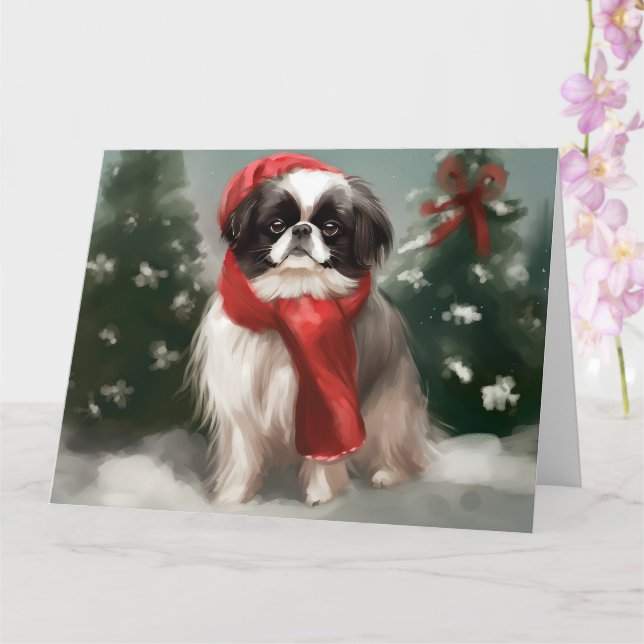 Tarjeta Perro chino chino en Navidades de nieve (Orquídea)
