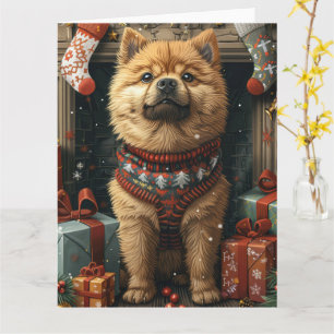 Tarjeta Perro Chow Chow con regalos de Navidad Chimenea