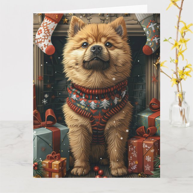 Tarjeta Perro Chow Chow con regalos de Navidad Chimenea (flor amarilla)