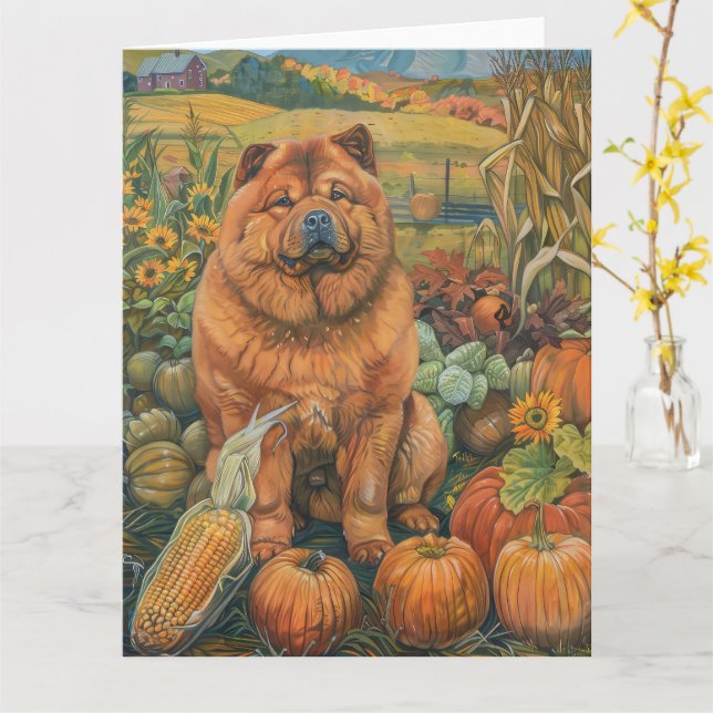 Tarjeta Perro Chow Chow Cosecha de Otoño Día de Acción de  (flor amarilla)