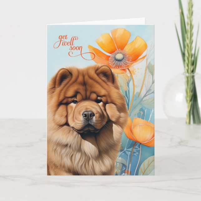 Tarjeta Perro Chow Chow Flores de Amapola Naranja Recupéra (Anverso)
