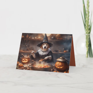 Tarjeta Perro cocinando en Halloween en su cocina saludand