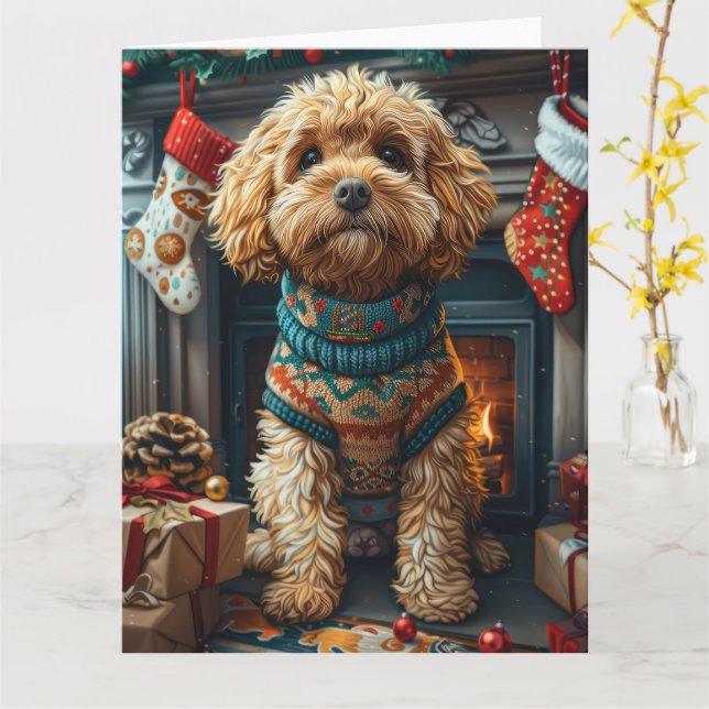 Tarjeta Perro Cockapoo con regalos de Navidad en la chimen (flor amarilla)