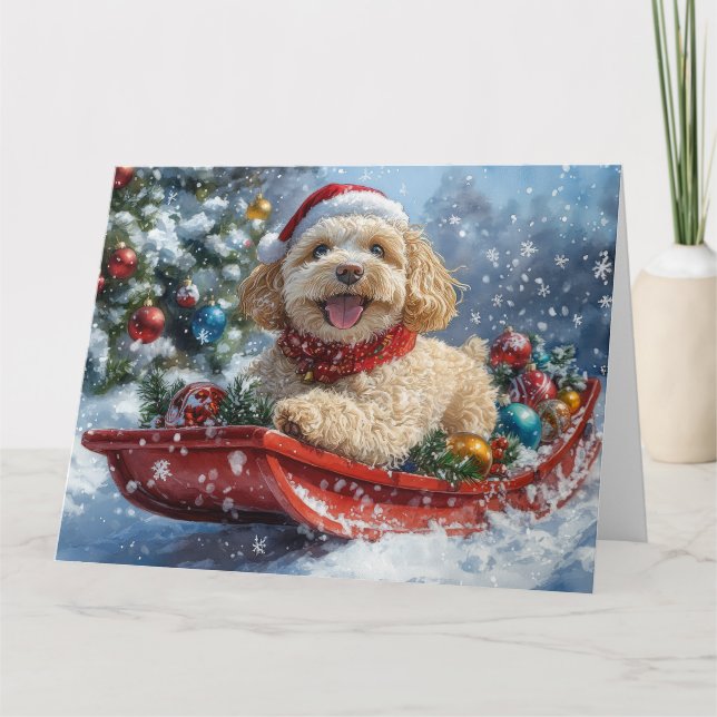 Tarjeta Perro Cockapoo en Trineo Deja que Nieve Navidad (Anverso)