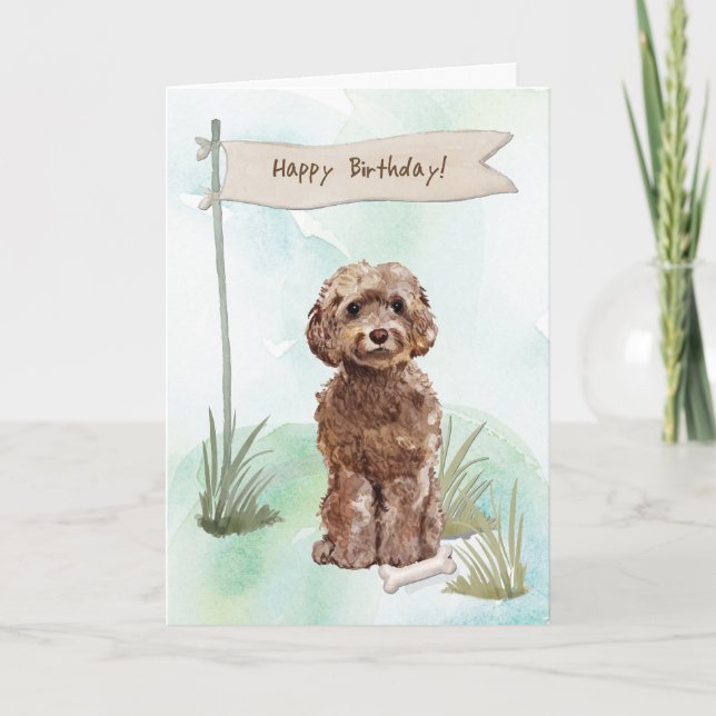 Tarjeta Perro Cockapoo marrón bajo Rótulo de cumpleaños (Anverso)