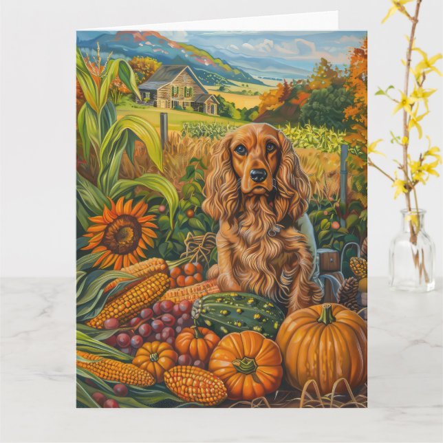 Tarjeta Perro Cocker Spaniel Cosecha de Otoño Día de Acció (flor amarilla)