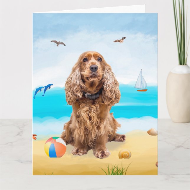 Tarjeta Perro Cocker Spaniel en la Playa (Anverso)