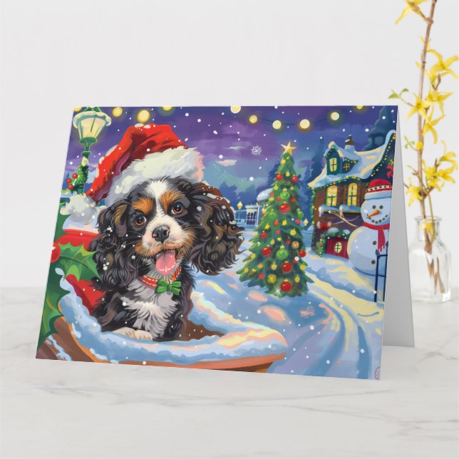 Tarjeta Perro Cocker Spaniel en Trineo Nieve Navidad (flor amarilla)