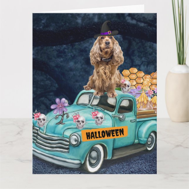 Tarjeta Perro Cocker Spaniel Halloween Camión Noche Espelu (Anverso)
