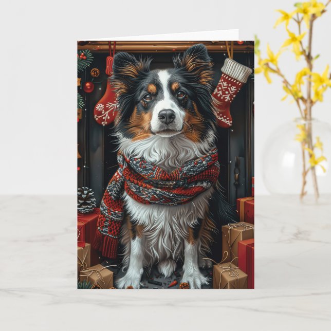 Tarjeta Perro Collie Áspero con Regalos de Navidad Chimene (flor amarilla)