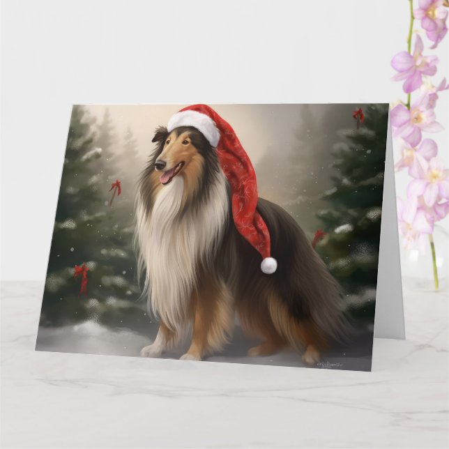 Tarjeta Perro Collie Áspero en Navidad con Nieve (Orquídea)