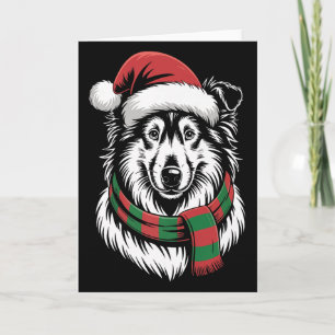 Tarjeta Perro Collie Áspero Navideño Sombrero Santa Bufand