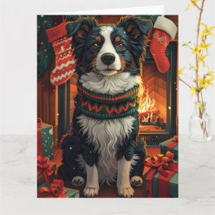 Tarjeta Perro collie fronterizo con chimenea de regalos de
