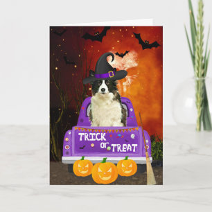 Tarjeta Perro collie fronterizo en camión de Halloween