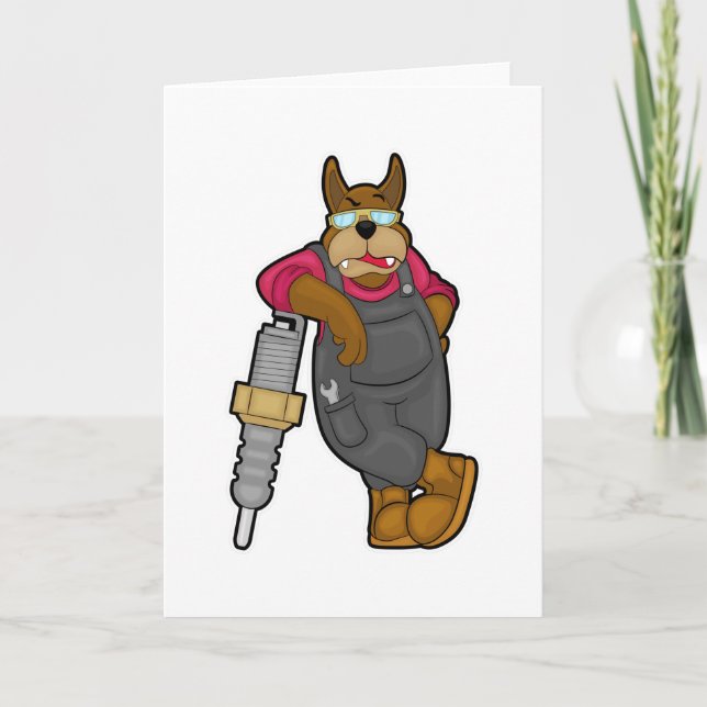 Tarjeta Perro como mecánico con bujía (Anverso)