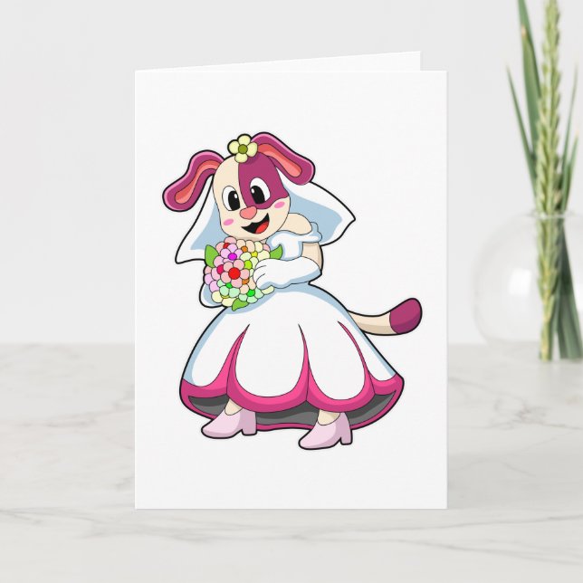 Tarjeta Perro como novia con vestido de Boda y flores (Anverso)