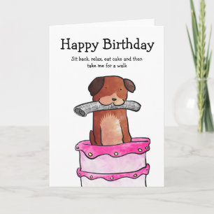 Tarjeta Perro con carta de cumpleaños de pasteles