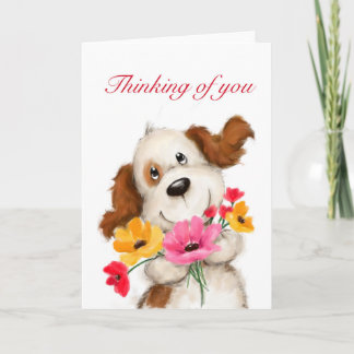 Tarjeta Perro con flores, pensando en ti