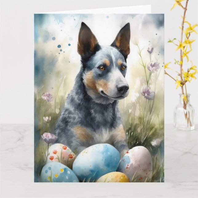 Tarjeta Perro con Heeler Azul en vacaciones de huevos de P (flor amarilla)