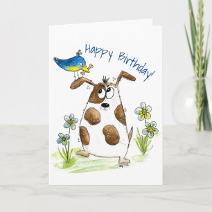 Tarjeta Perro con pájaro de aspecto caprichoso