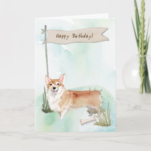Tarjeta Perro Corgi Bajo Rótulo De Cumpleaños (Anverso)