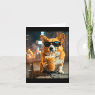 Tarjeta Perro corgi bebiendo café helado meme divertido de