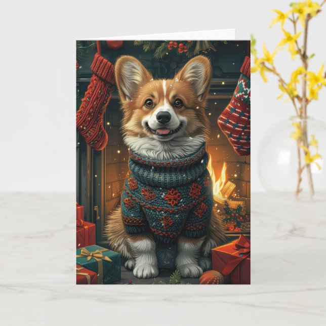 Tarjeta Perro Corgi Con Chimenea De Regalos Navidades (flor amarilla)