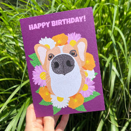 Tarjeta Perro Corgi con flores morado personalizado