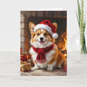 Tarjeta Perro Corgi de Navidad junto a la Chimenea