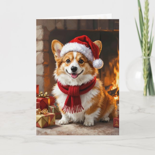 Tarjeta Perro Corgi de Navidad junto a la Chimenea (Anverso)