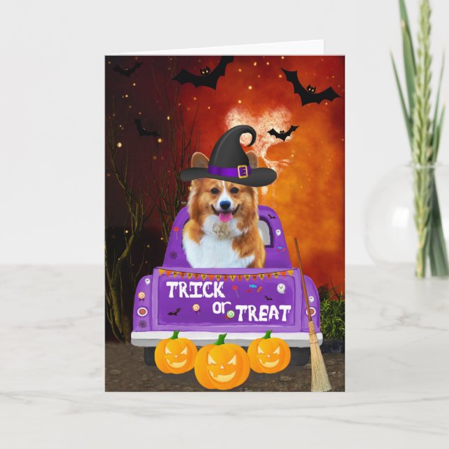 Tarjeta Perro Corgi en Camión de Halloween (Anverso)
