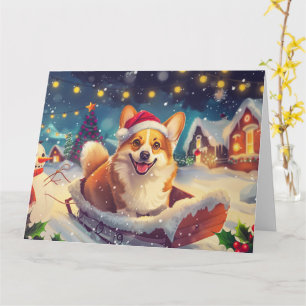 Tarjeta Perro Corgi en Navidades de Nieve de Sleigh