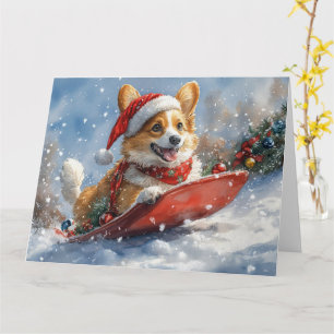 Tarjeta Perro Corgi en Trineo Deja que Nieve Navidad